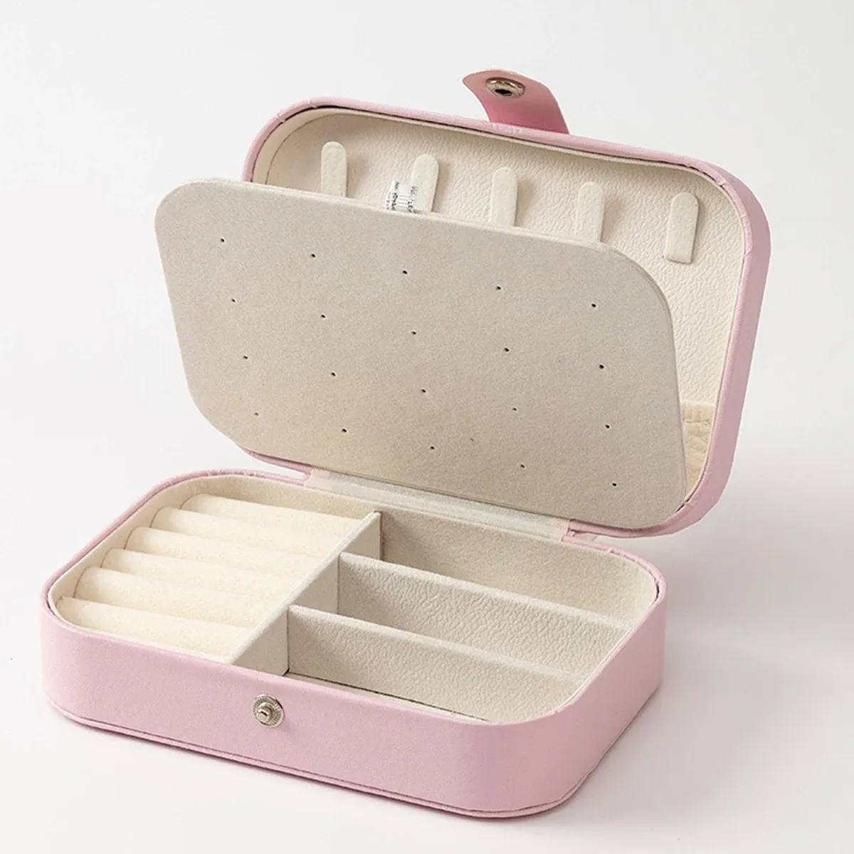 Boîte à bijoux portable multi-compartiments avec doublure en velours rose, idéale pour les voyages 8