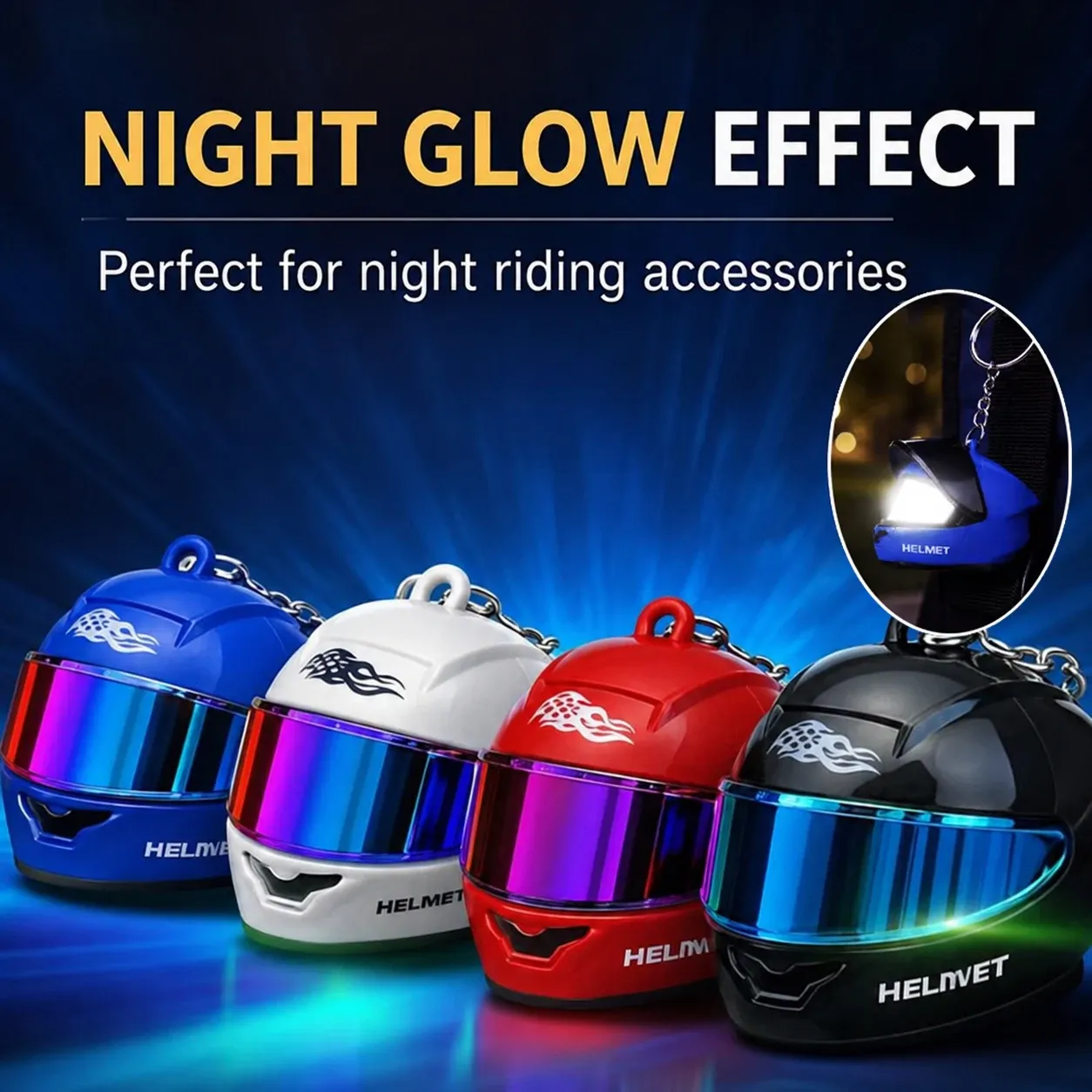 Porte-clés original en forme de casque de moto avec LED, mini porte-clés créatif pour sacs et clés, lumière d'avertissement nocturne - Image 1