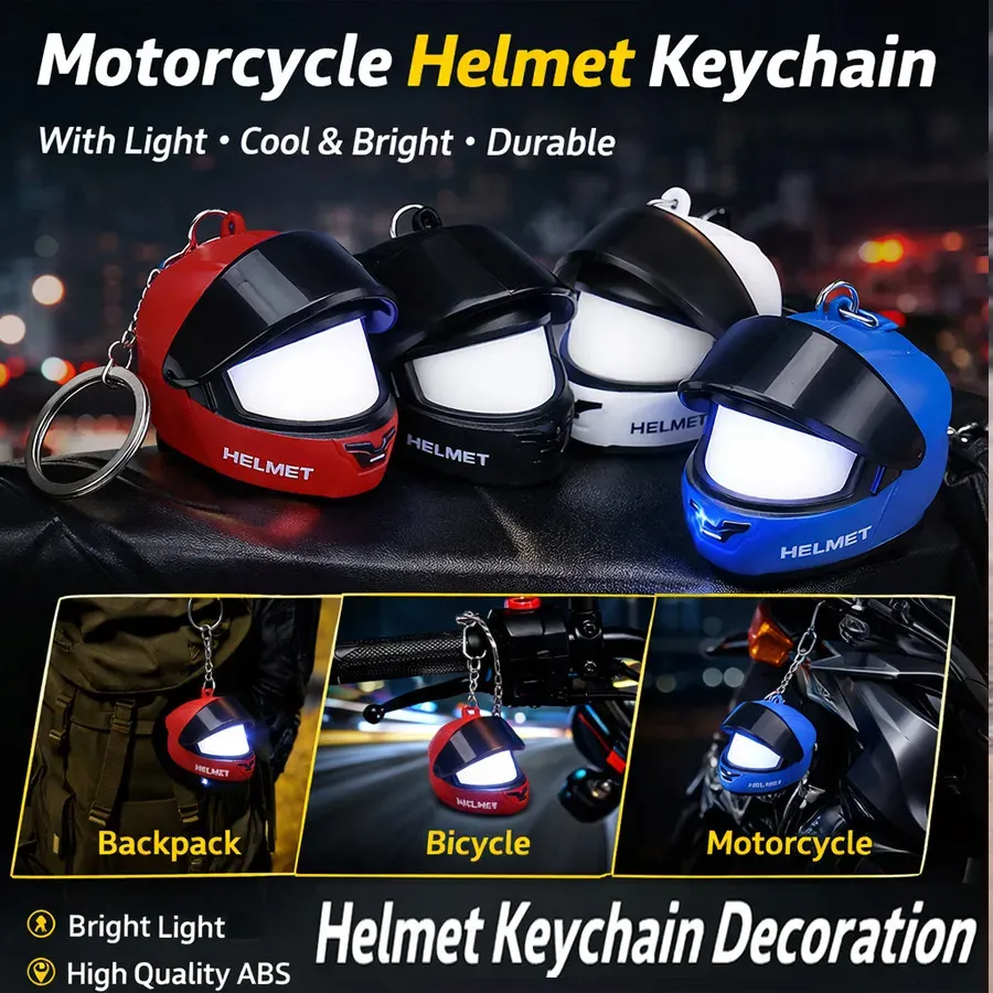 Porte-clés original en forme de casque de moto avec LED, mini porte-clés créatif pour sacs et clés, lumière d'avertissement nocturne 2