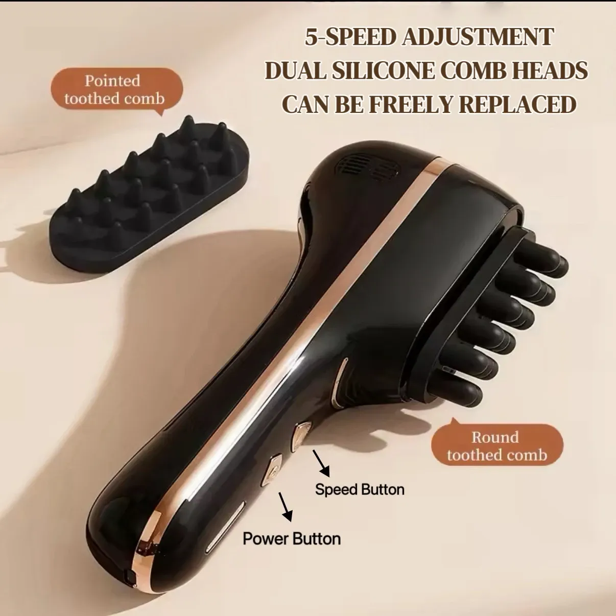 Peigne de massage électrique pour cuir chevelu, 5 vitesses, double tête en silicone, vibrations haute fréquence - Image 1