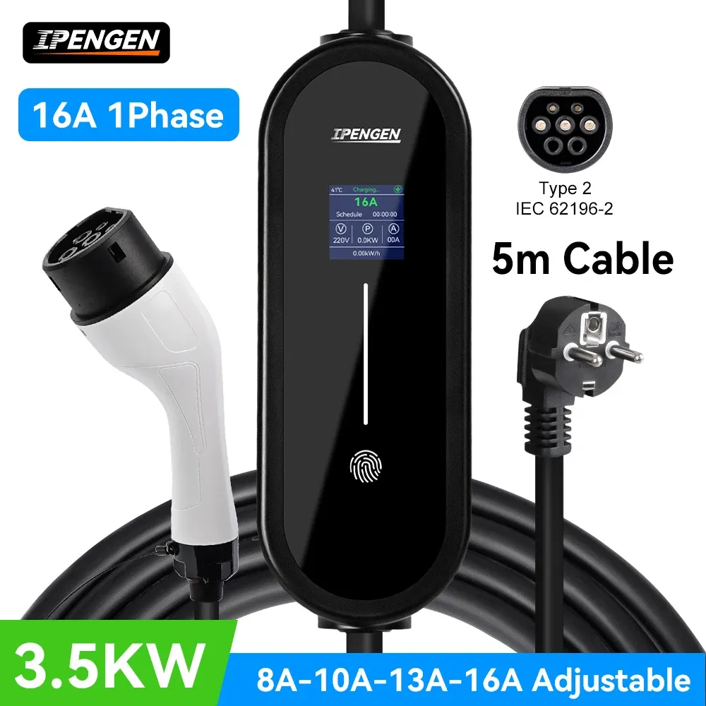 IPENGEN – Chargeur portable pour véhicule électrique 3,5 kW, câble 5 m, connecteur Type 2 IEC 62196 / GB/T 16 A, monophasé, Type 1, boîtier mural de charge pour véhicule électrique - Image 1