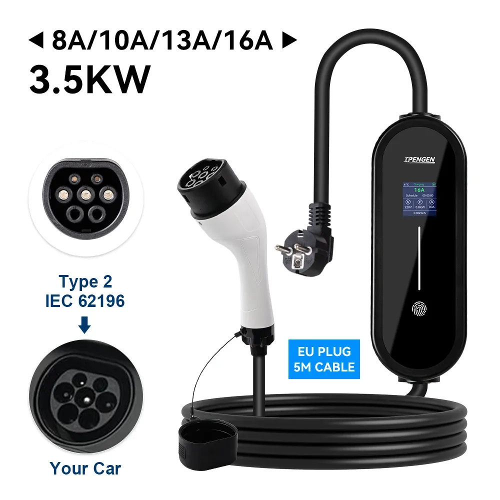 IPENGEN – Chargeur portable pour véhicule électrique 3,5 kW, câble 5 m, connecteur Type 2 IEC 62196 / GB/T 16 A, monophasé, Type 1, boîtier mural de charge pour véhicule électrique 9