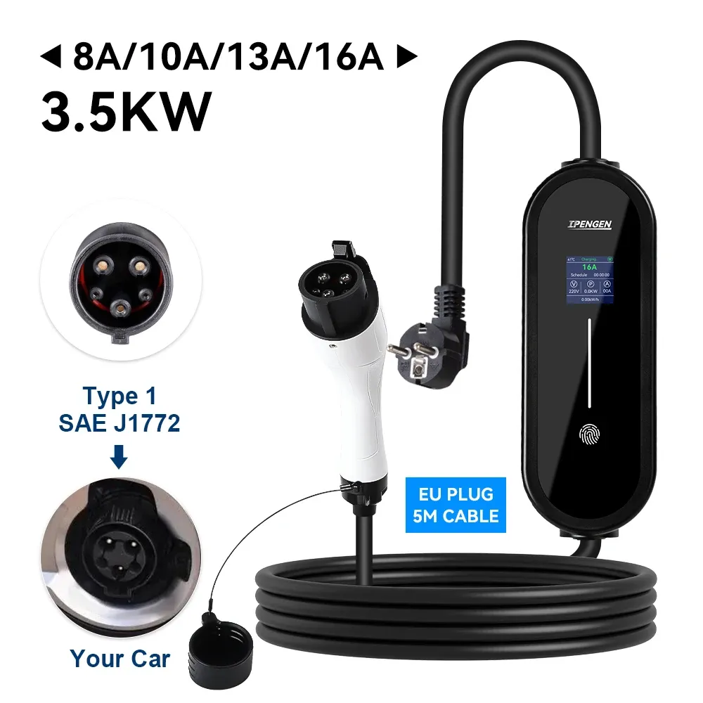 IPENGEN – Chargeur portable pour véhicule électrique 3,5 kW, câble 5 m, connecteur Type 2 IEC 62196 / GB/T 16 A, monophasé, Type 1, boîtier mural de charge pour véhicule électrique 8