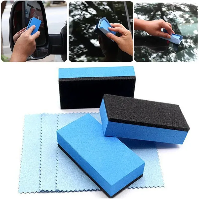 Applicateur d'éponge pour revêtement céramique automobile, éponges en nano verre pour cire, éponge carrée bleue et brosse de nettoyage en microfibre pour voiture 3