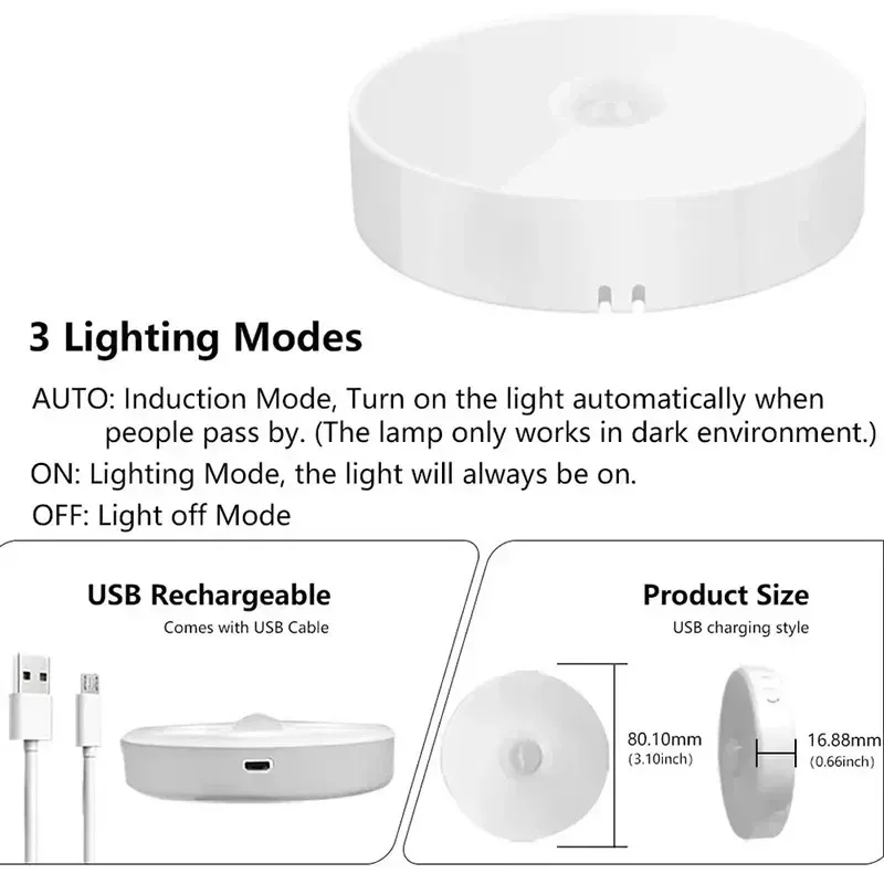 Veilleuse LED sans fil avec détecteur de mouvement, rechargeable par USB, éclairage sous meuble pour étagère et placard 5