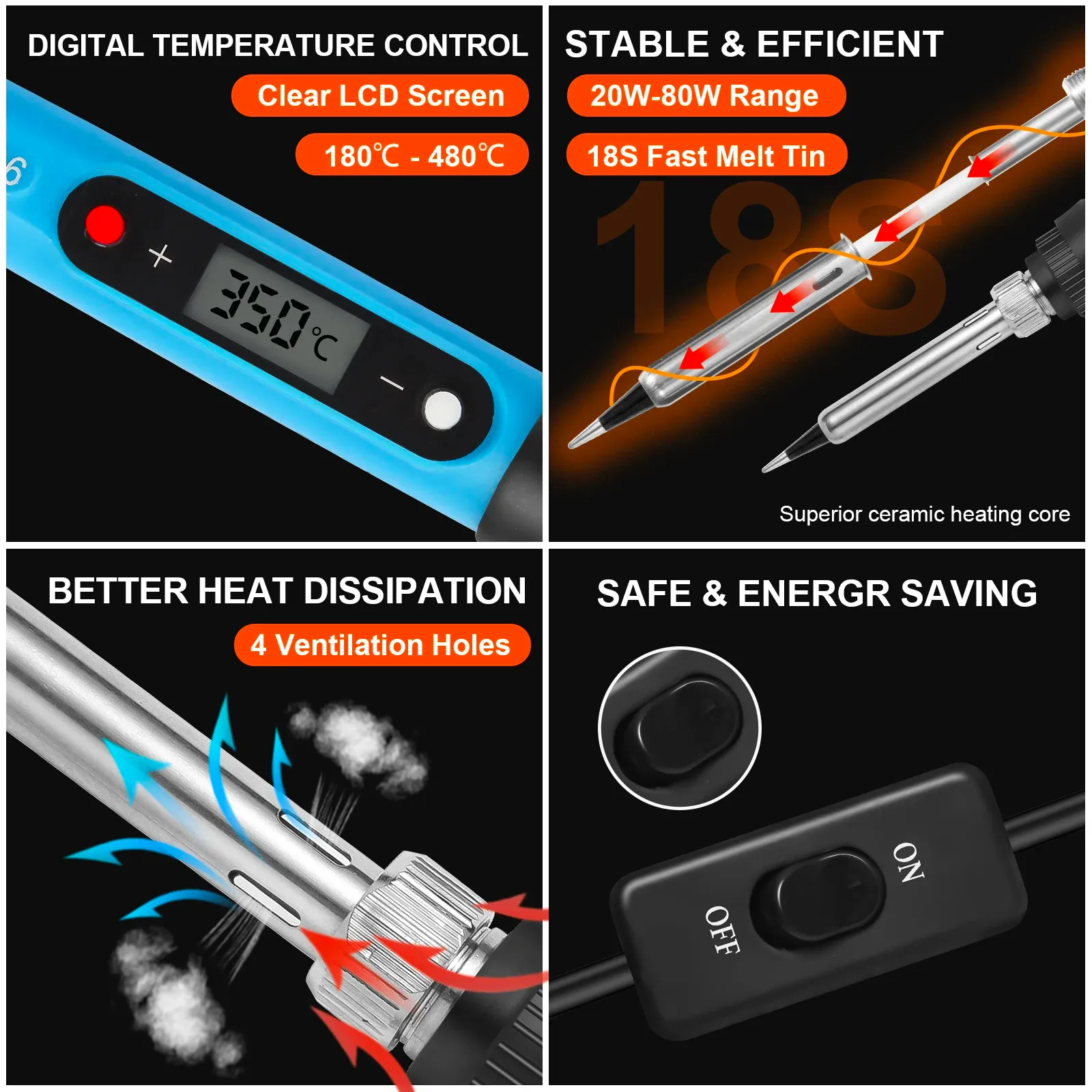 Kit de fer à souder 80 W à température réglable avec écran LCD numérique, interrupteur et étain 2