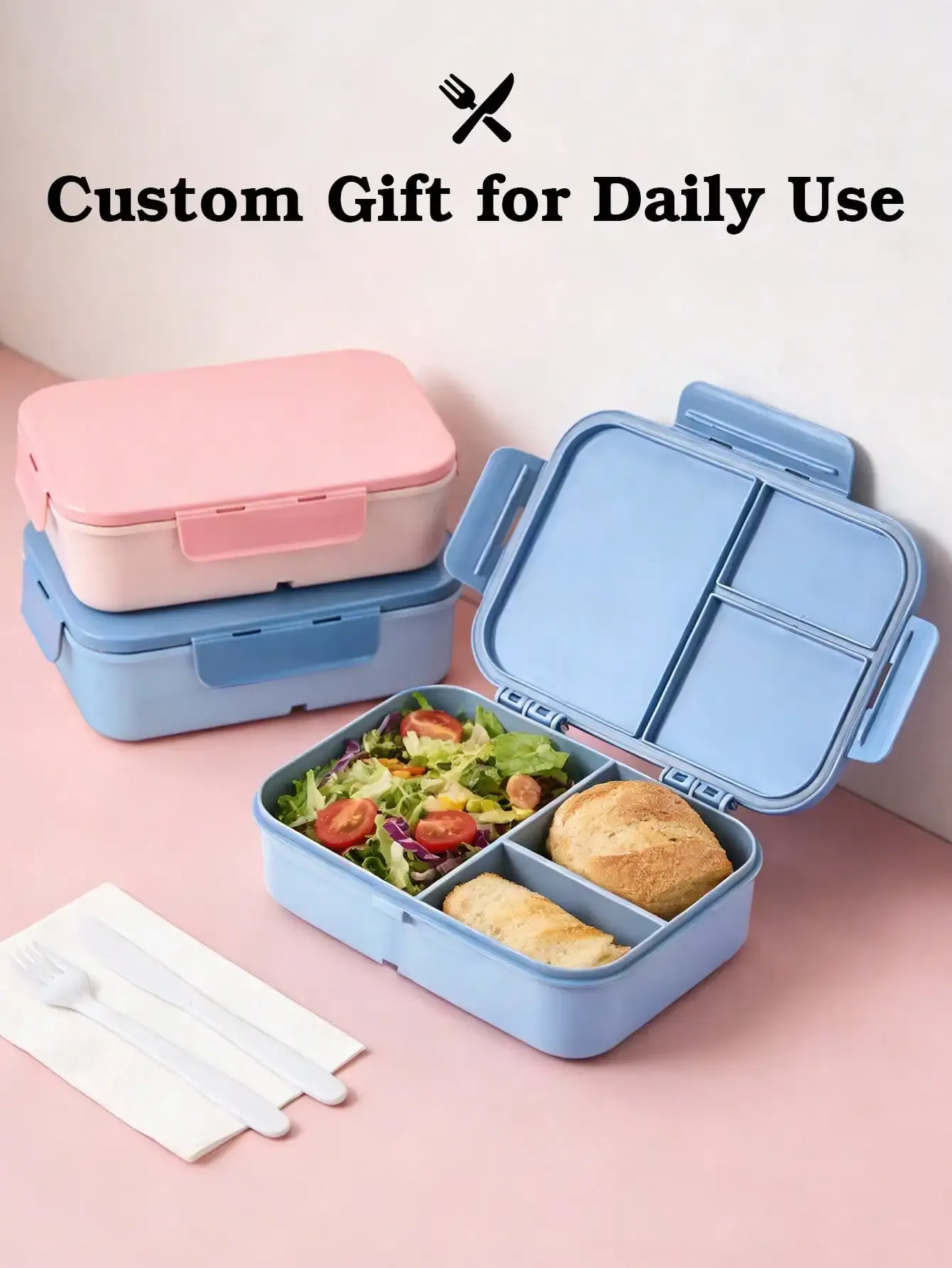 Boîte bento personnalisable avec nom, avec fourchette et cuillère, rose et bleu 2