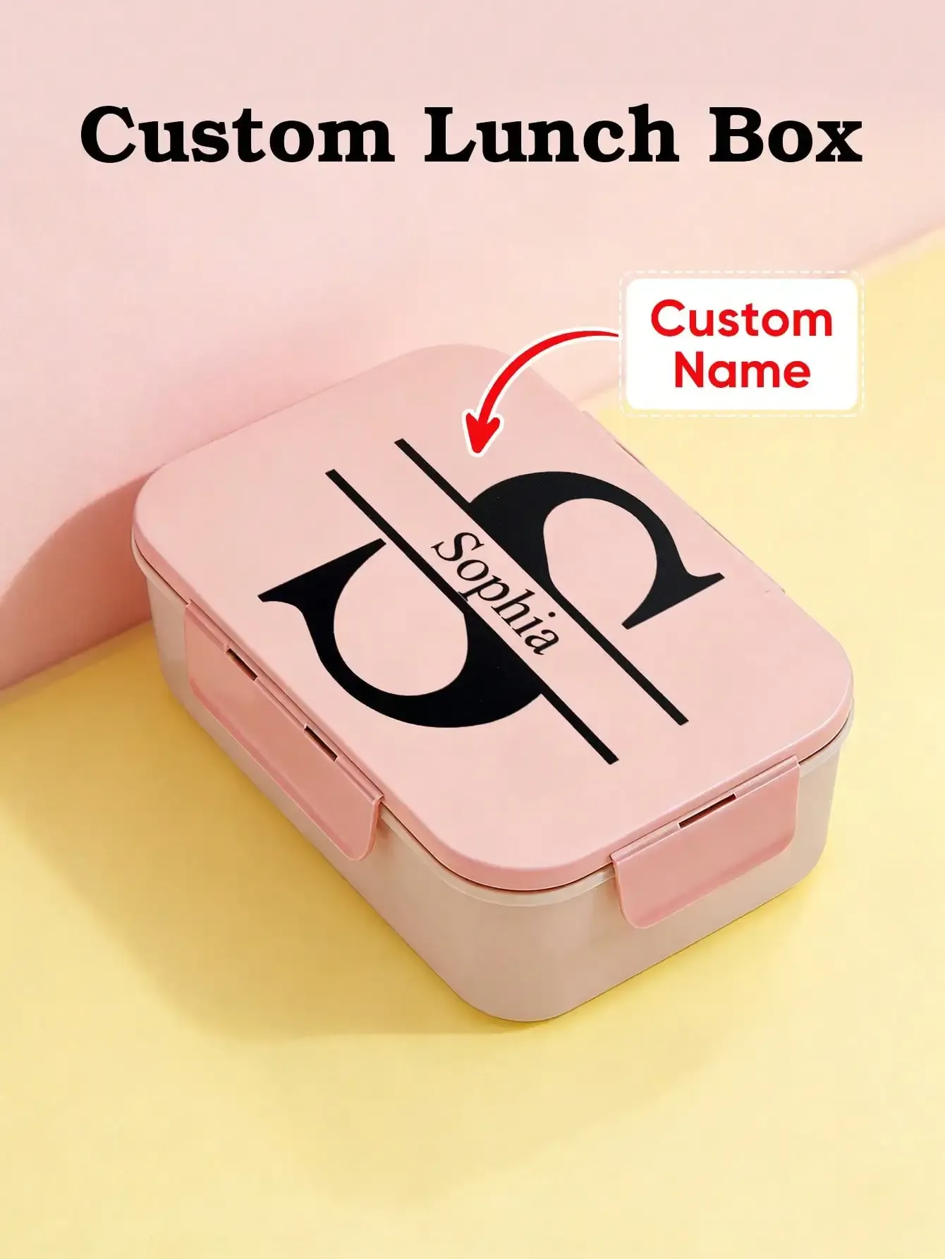 Boîte bento personnalisable avec nom, avec fourchette et cuillère, rose et bleu - Image 1