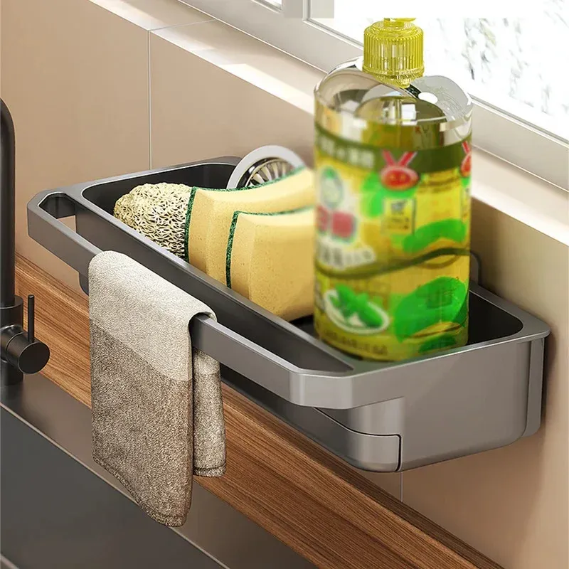 Organisateur d'évier de cuisine auto-drainant avec porte-éponge, support pour torchon, porte-robinet et égouttoir à savon 2