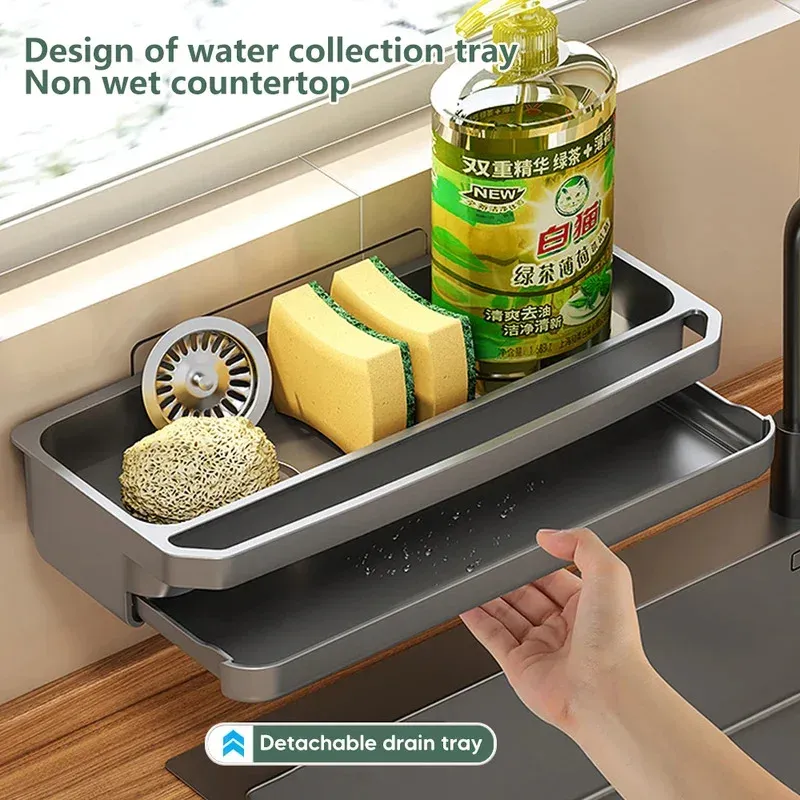 Organisateur d'évier de cuisine auto-drainant avec porte-éponge, support pour torchon, porte-robinet et égouttoir à savon - Image 1