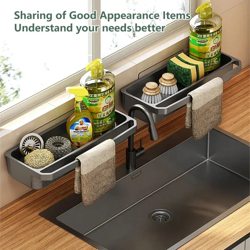 Organisateur d'évier de cuisine auto-drainant avec porte-éponge, support pour torchon, porte-robinet et égouttoir à savon 4