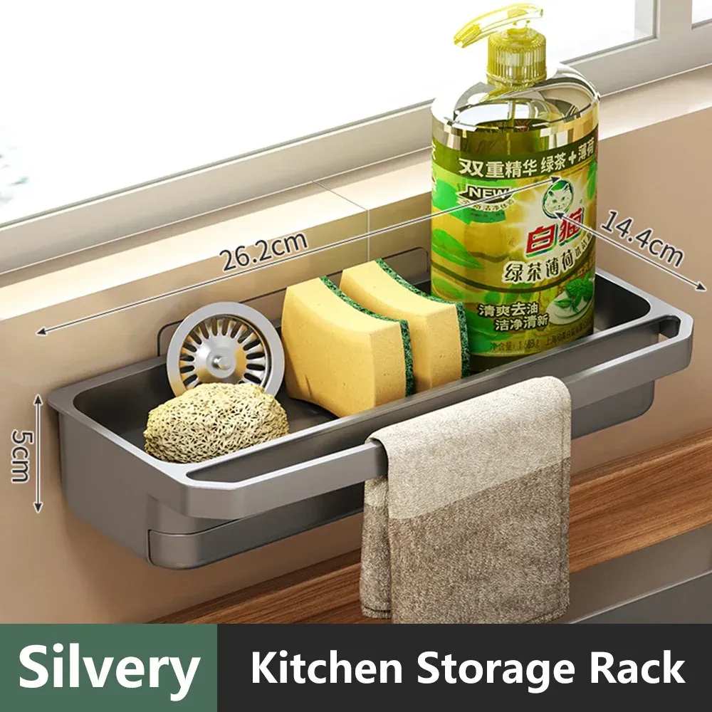 Organisateur d'évier de cuisine auto-drainant avec porte-éponge, support pour torchon, porte-robinet et égouttoir à savon 7