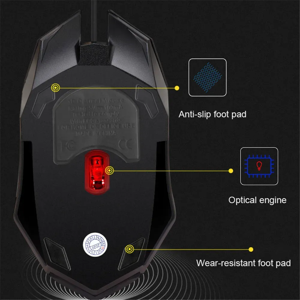 Souris de jeu filaire USB 5000 DPI, 3 boutons silencieux, rétroéclairée et ergonomique pour ordinateur portable 4