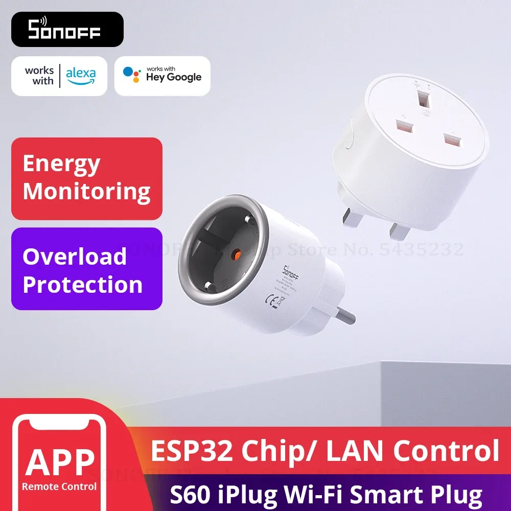 SONOFF Prise intelligente WiFi S60 EU/UK avec moniteur de puissance, minuterie et protection contre les surcharges, compatible Alexa, Google Home et Alice