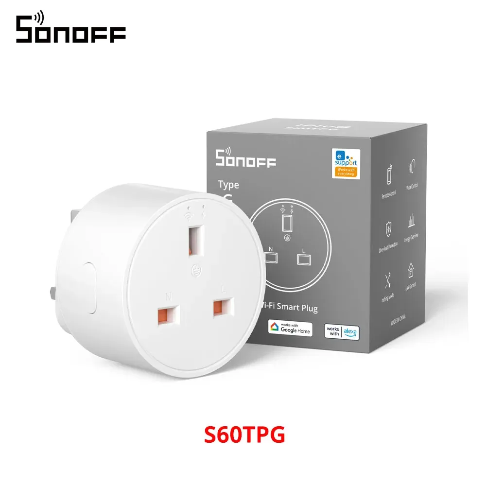SONOFF Prise intelligente WiFi S60 EU/UK avec moniteur de puissance, minuterie et protection contre les surcharges, compatible Alexa, Google Home et Alice 8