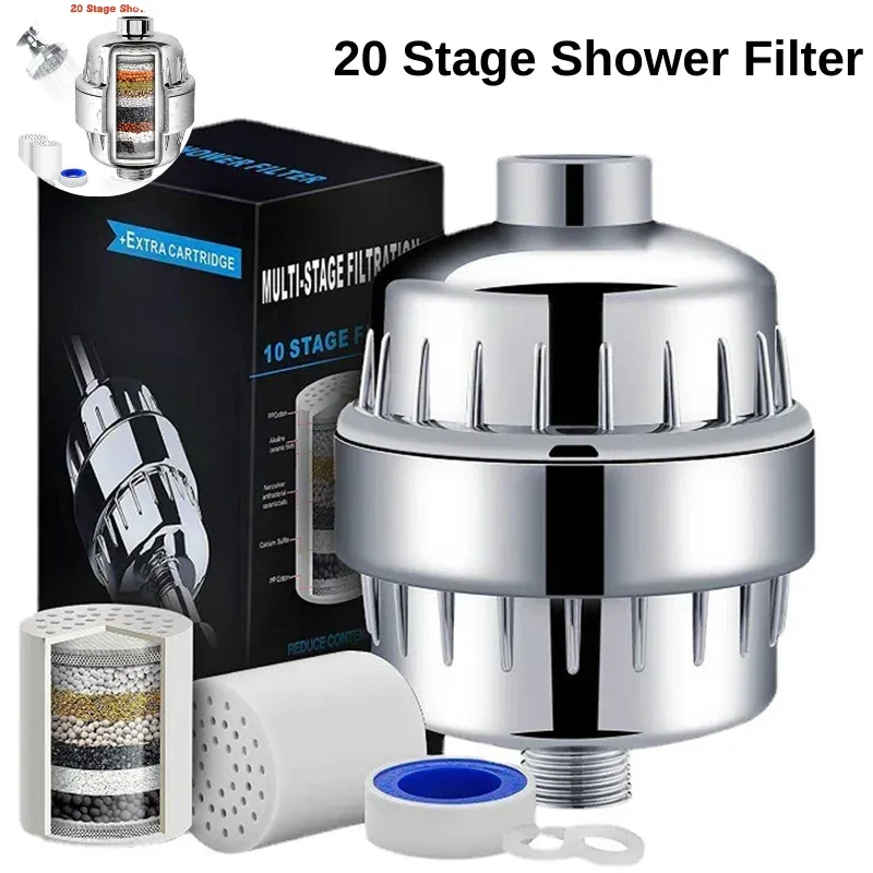 Filtre à eau de douche haute performance 20 étapes pour pommeau de douche : élimine le chlore, le fluorure et les métaux, adoucit l'eau dure - Image 1