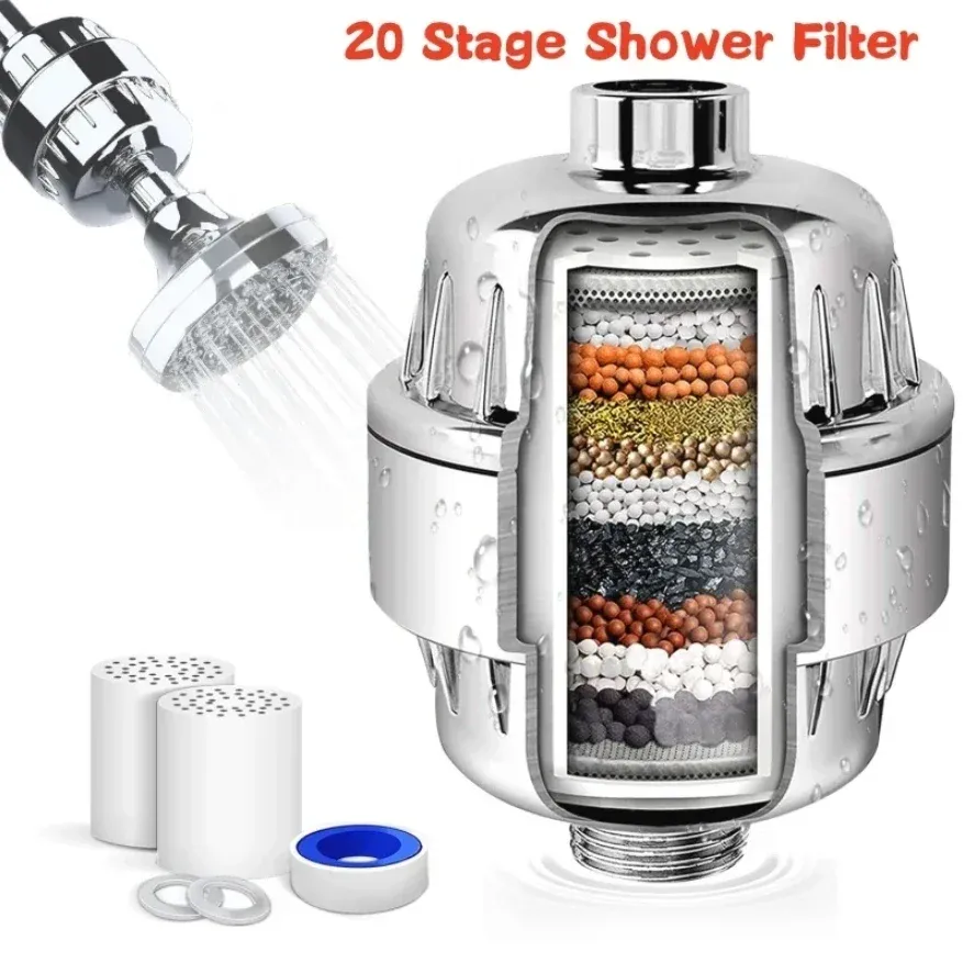 Filtre à eau de douche haute performance 20 étapes pour pommeau de douche : élimine le chlore, le fluorure et les métaux, adoucit l'eau dure 2