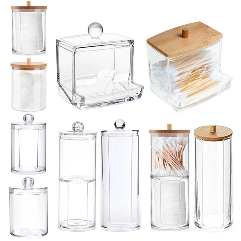 Boîte de rangement transparente en acrylique avec couvercle en bambou, pour cotons-tiges, cosmétiques et bijoux