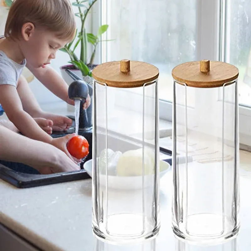 Boîte de rangement transparente en acrylique avec couvercle en bambou, pour cotons-tiges, cosmétiques et bijoux 3
