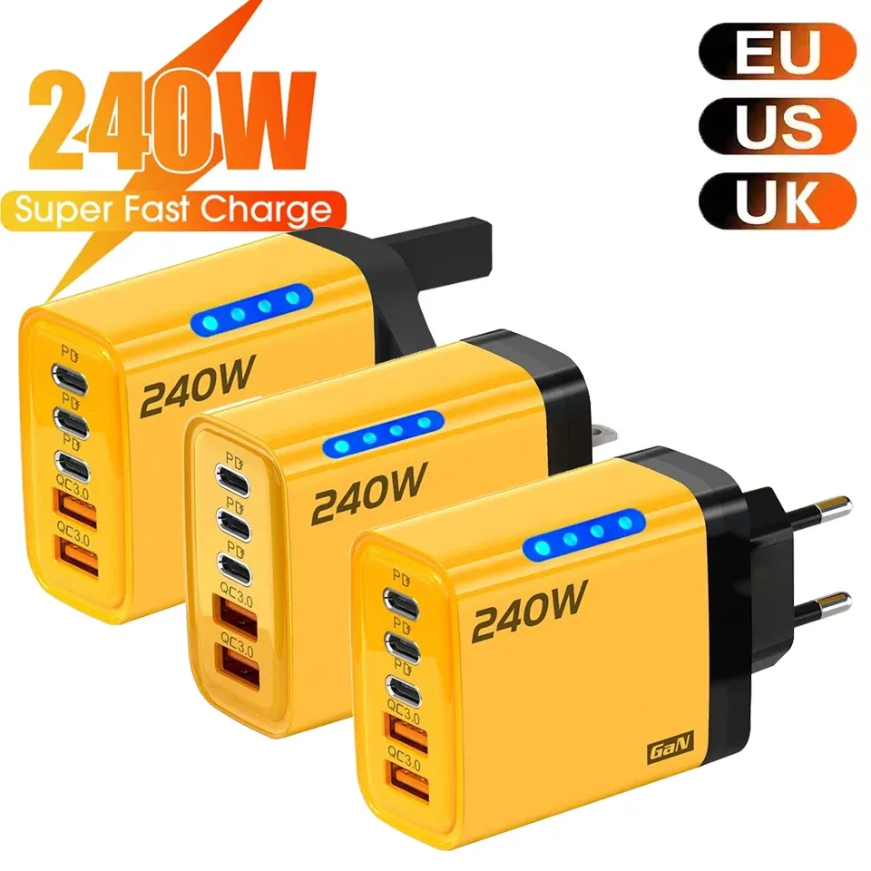 Chargeur rapide multi-ports 240 W à 5 ports USB-C, compatible PD et QC 3.0, pour iPhone, Samsung, Huawei, Xiaomi, ordinateur portable et tablette 1