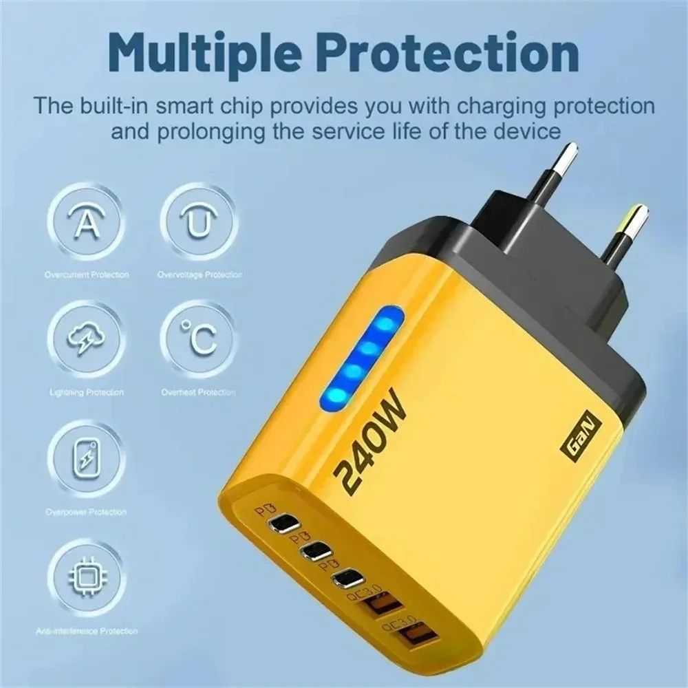 Chargeur rapide multi-ports 240 W à 5 ports USB-C, compatible PD et QC 3.0, pour iPhone, Samsung, Huawei, Xiaomi, ordinateur portable et tablette 5