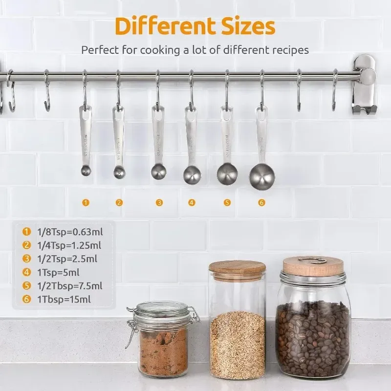Cuillères doseuses en acier inoxydable de qualité alimentaire, mesure précise pour sucre, café, épices et cuisson, lot de 6 2
