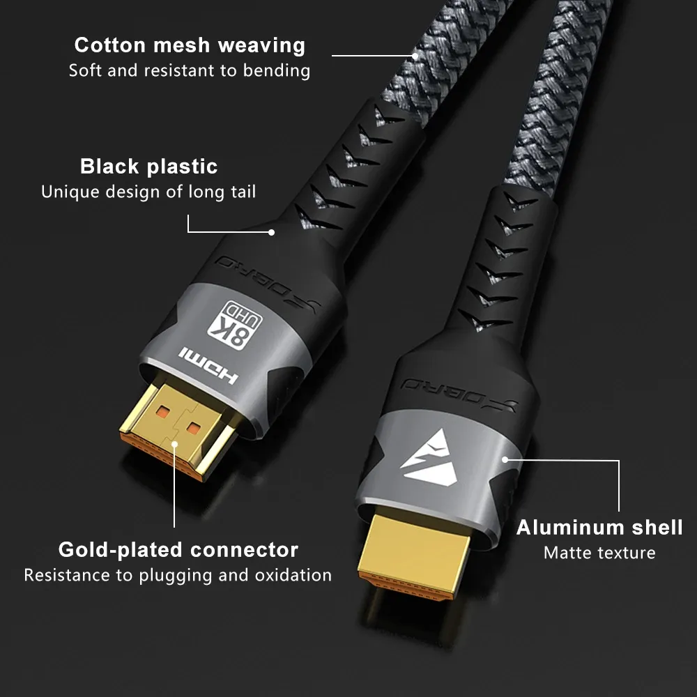 Câble HDMI 8K 2.1 48 Gbps tressé, haute vitesse, compatible 4K 120 Hz et 8K 60 Hz, DTS:X, HDCP 2.2/2.3, HDR10, pour ordinateur portable et PS5 4