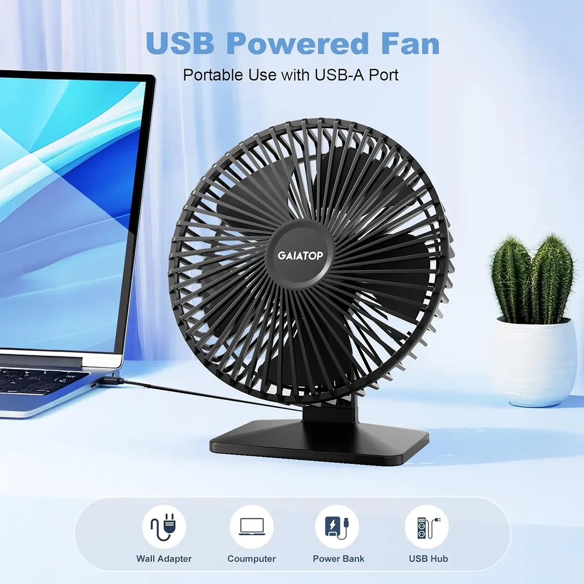 GAIATOP Ventilateur de bureau USB portable, rotation à 90°, silencieux, 3 vitesses réglables, ultra silencieux, idéal pour le bureau et la maison 2