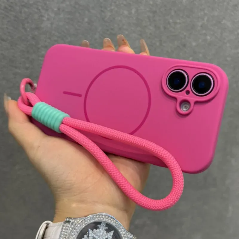Coque en silicone liquide MagSafe pour iPhone 17, 16, 15, 14 Plus, 13 et 12 Pro Max, souple, antichoc, magnétique, avec cordon de suspension