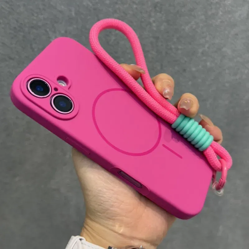 Coque en silicone liquide MagSafe pour iPhone 17, 16, 15, 14 Plus, 13 et 12 Pro Max, souple, antichoc, magnétique, avec cordon de suspension 2