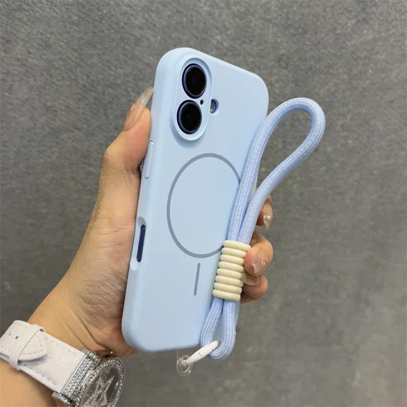 Coque en silicone liquide MagSafe pour iPhone 17, 16, 15, 14 Plus, 13 et 12 Pro Max, souple, antichoc, magnétique, avec cordon de suspension 10