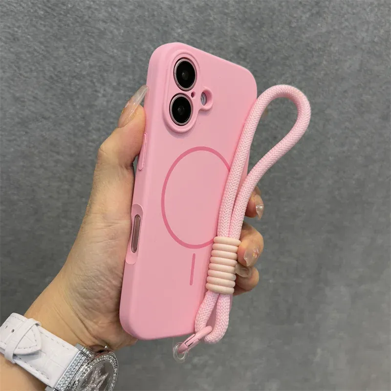 Coque en silicone liquide MagSafe pour iPhone 17, 16, 15, 14 Plus, 13 et 12 Pro Max, souple, antichoc, magnétique, avec cordon de suspension 13