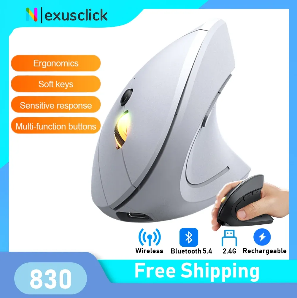 Souris verticale ergonomique sans fil Bluetooth 2,4 GHz rechargeable, 1600 DPI réglable, 6 boutons, compatible PC, ordinateur portable et ordinateur de bureau 1
