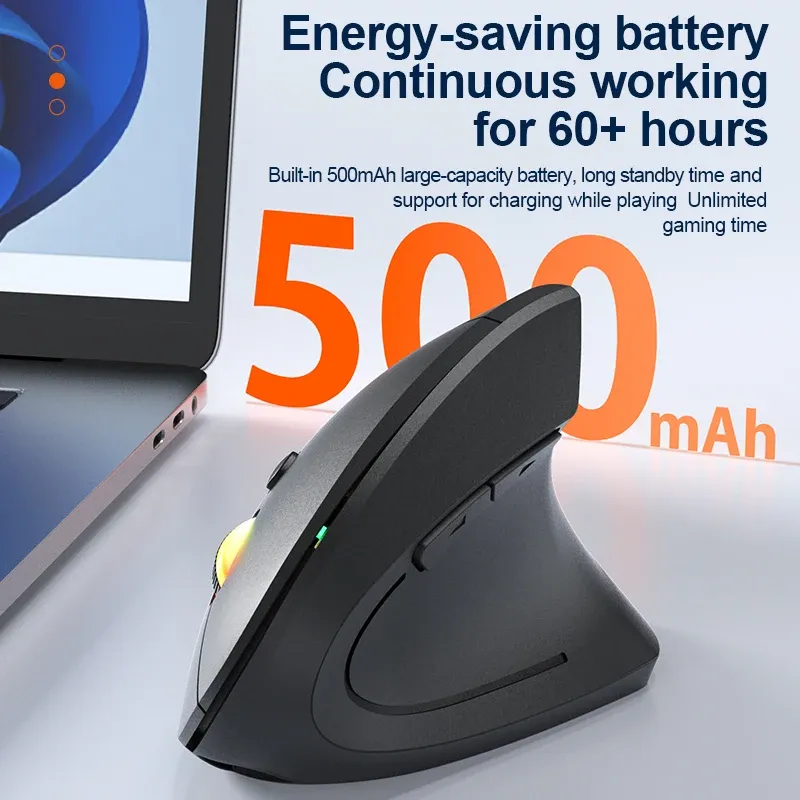 Souris verticale ergonomique sans fil Bluetooth 2,4 GHz rechargeable, 1600 DPI réglable, 6 boutons, compatible PC, ordinateur portable et ordinateur de bureau 2