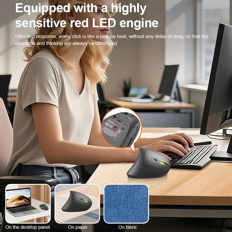 Souris verticale ergonomique sans fil Bluetooth 2,4 GHz rechargeable, 1600 DPI réglable, 6 boutons, compatible PC, ordinateur portable et ordinateur de bureau 6