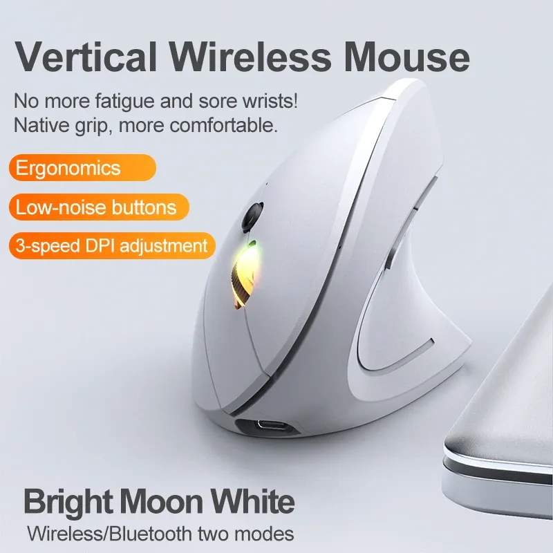 Souris verticale ergonomique sans fil Bluetooth 2,4 GHz rechargeable, 1600 DPI réglable, 6 boutons, compatible PC, ordinateur portable et ordinateur de bureau 8