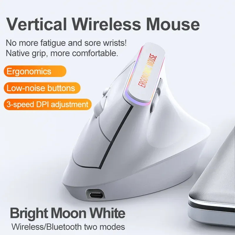 Souris verticale ergonomique sans fil Bluetooth 2,4 GHz rechargeable, 1600 DPI réglable, 6 boutons, compatible PC, ordinateur portable et ordinateur de bureau 11