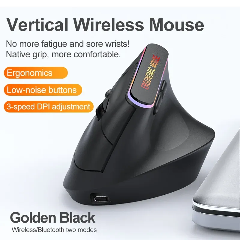 Souris verticale ergonomique sans fil Bluetooth 2,4 GHz rechargeable, 1600 DPI réglable, 6 boutons, compatible PC, ordinateur portable et ordinateur de bureau 12