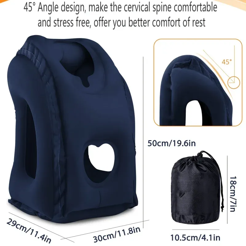 Oreiller de voyage gonflable avec support de menton à 360°, appui-tête ergonomique et portable pour l'avion, le train, la voiture et le bureau 4