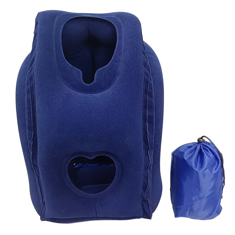 Oreiller de voyage gonflable avec support de menton à 360°, appui-tête ergonomique et portable pour l'avion, le train, la voiture et le bureau 7