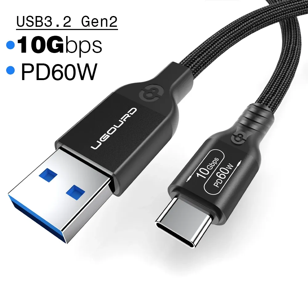 Câble USB 3.2 / USB 3.1 Gen 2 10 Gbit/s USB-A vers USB-C, 3 A, charge rapide 60 W, câble de transfert de données pour disque dur SSD 7