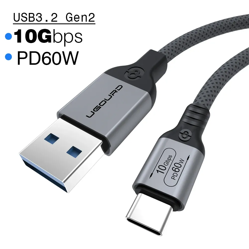 Câble USB 3.2 / USB 3.1 Gen 2 10 Gbit/s USB-A vers USB-C, 3 A, charge rapide 60 W, câble de transfert de données pour disque dur SSD 8