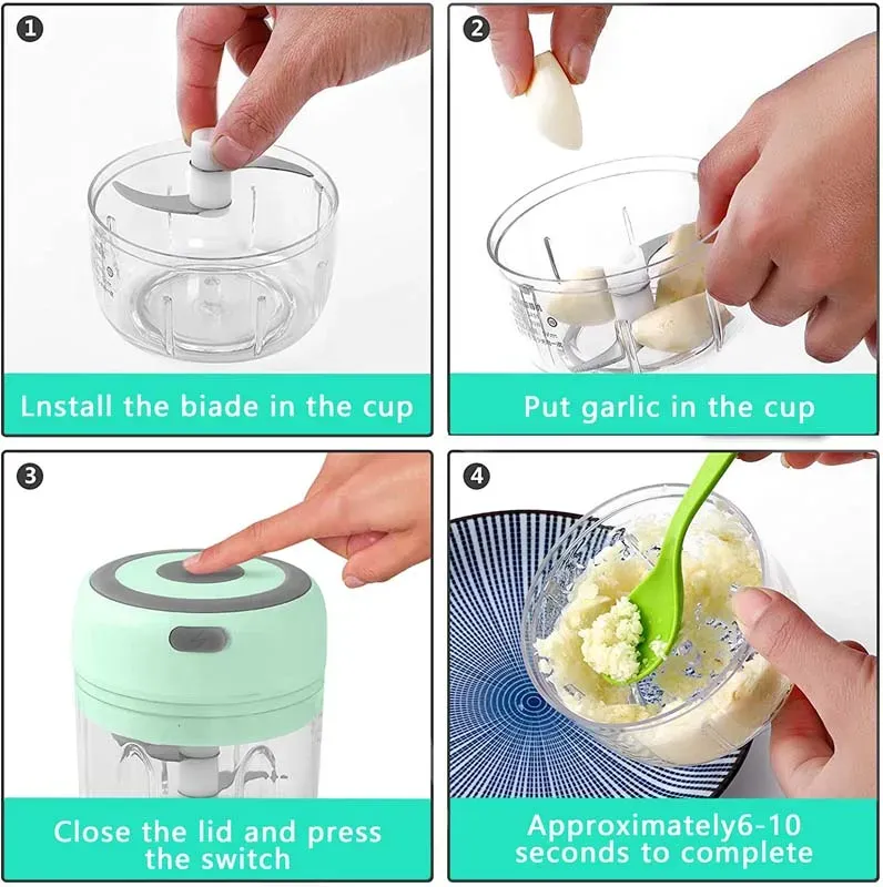 Hachoir à ail électrique USB 250/100 ml, portable et puissant, mini broyeur à ail rechargeable pour la cuisine, mixte 6