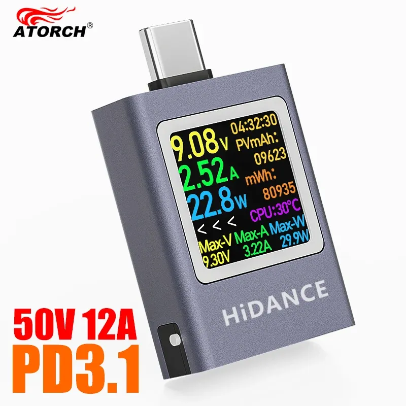 Testeur multifonction 13 en 1 DC 4,5-50 V, 0-12 A, affichage numérique, voltmètre-ampèremètre, wattmètre, compteur de puissance USB Type-C, testeur de charge PD 3.1