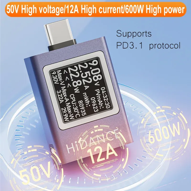 Testeur multifonction 13 en 1 DC 4,5-50 V, 0-12 A, affichage numérique, voltmètre-ampèremètre, wattmètre, compteur de puissance USB Type-C, testeur de charge PD 3.1 3