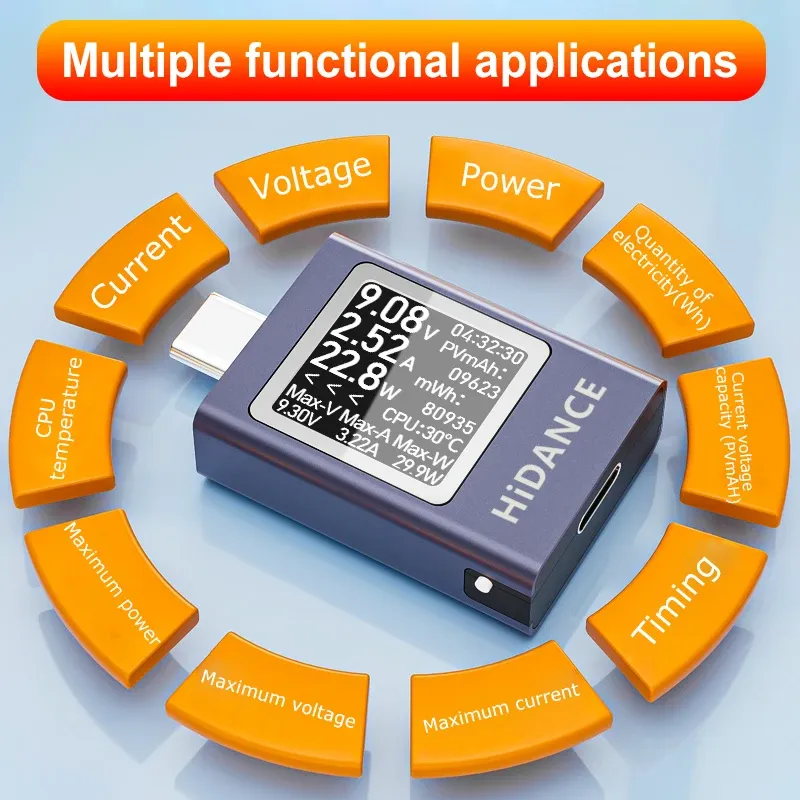 Testeur multifonction 13 en 1 DC 4,5-50 V, 0-12 A, affichage numérique, voltmètre-ampèremètre, wattmètre, compteur de puissance USB Type-C, testeur de charge PD 3.1 4