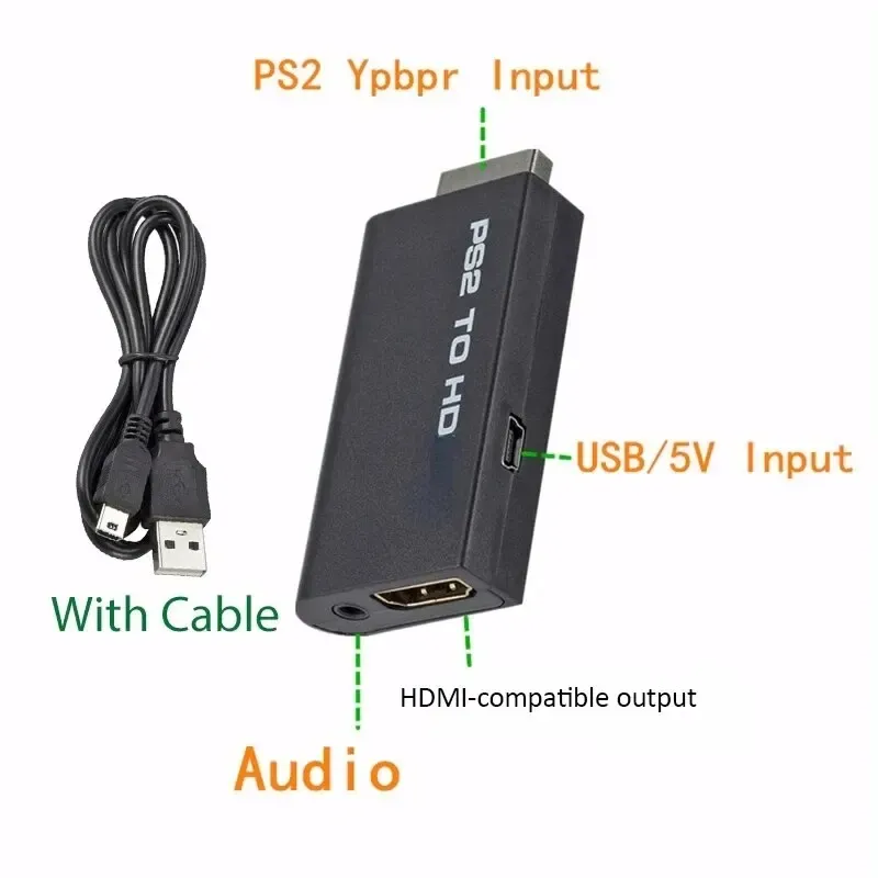 Adaptateur convertisseur audio et vidéo HDMI vers PS2 avec câble audio 3,5 mm, compatible avec tous les modes d'affichage PS2 : 480i, 480p, 576i 5