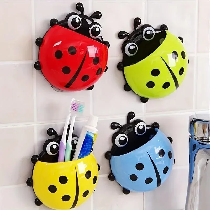 Porte-brosse à dents mural à ventouse en forme de coccinelle, design dessin animé, pour salle de bain, sans perçage 2