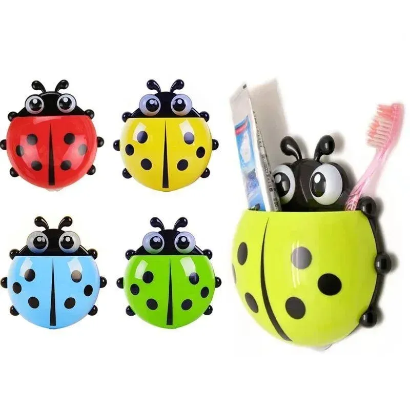 Porte-brosse à dents mural à ventouse en forme de coccinelle, design dessin animé, pour salle de bain, sans perçage
