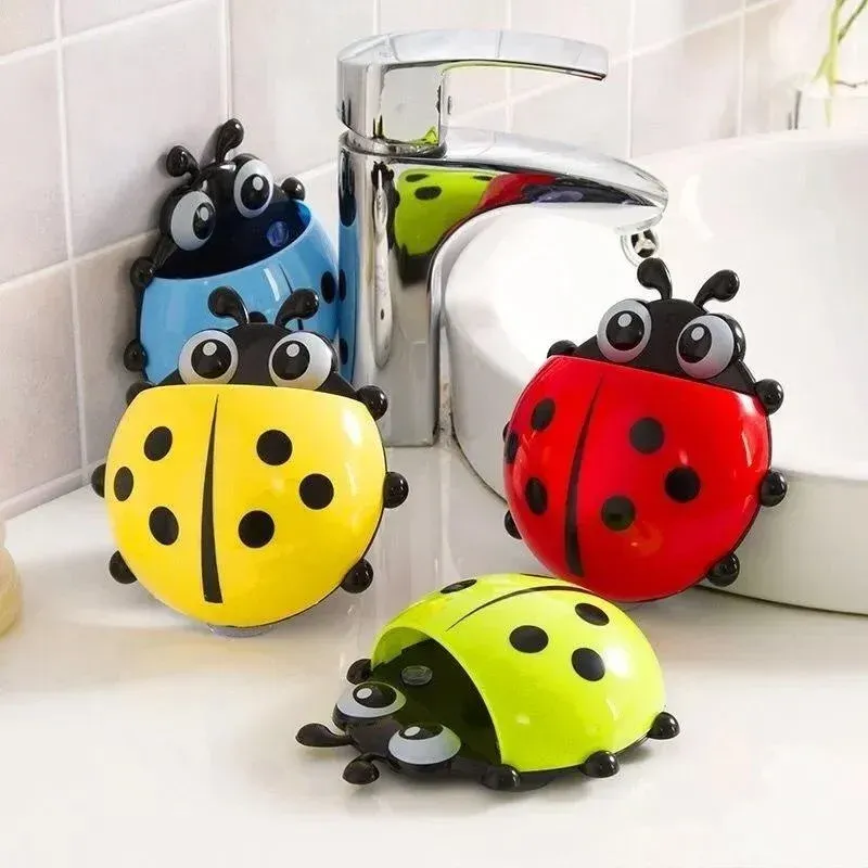 Porte-brosse à dents mural à ventouse en forme de coccinelle, design dessin animé, pour salle de bain, sans perçage 4